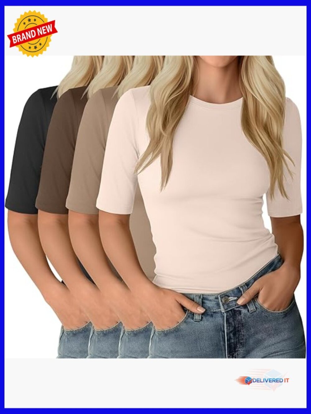 4 Pack Womens Half Sleeve Tops Elbow Length Slim Fit Crewneck T-Shirts